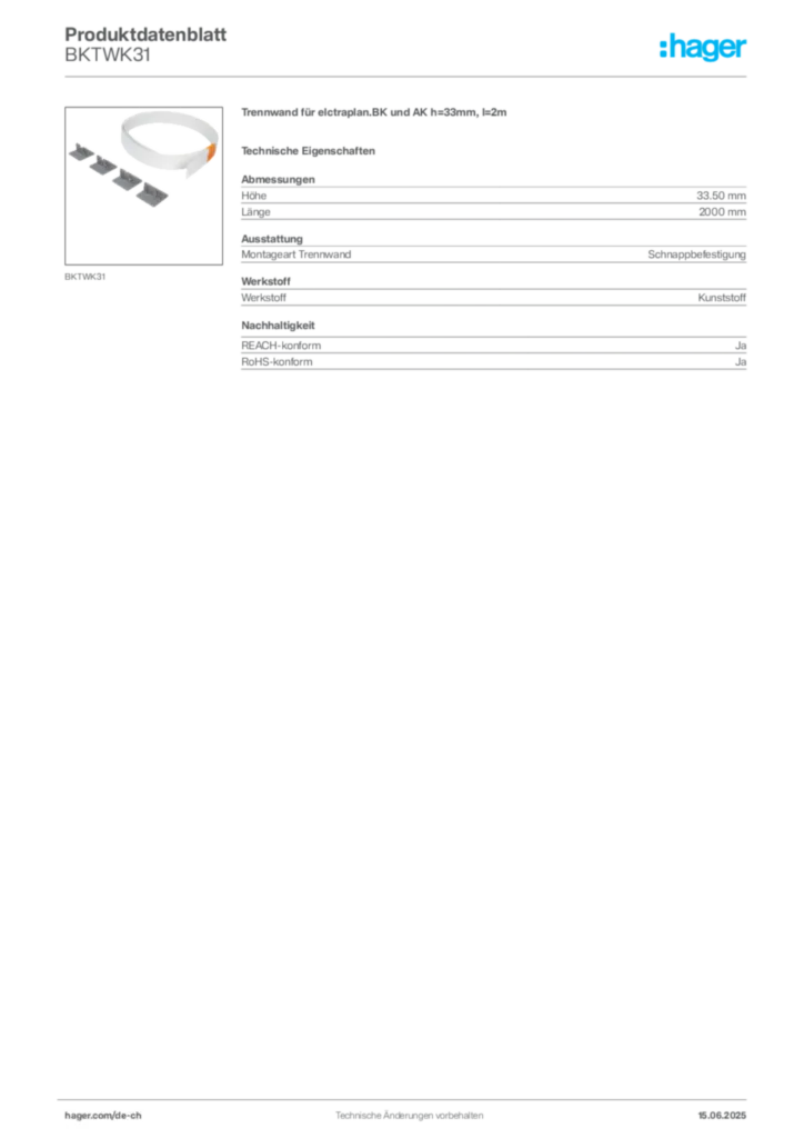 Bild Hager Produktdatenblatt BKTWK31 | Hager Schweiz