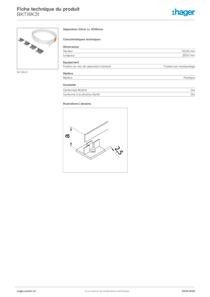Image Hager Fiche technique du produit BKTWK31 | Hager Suisse