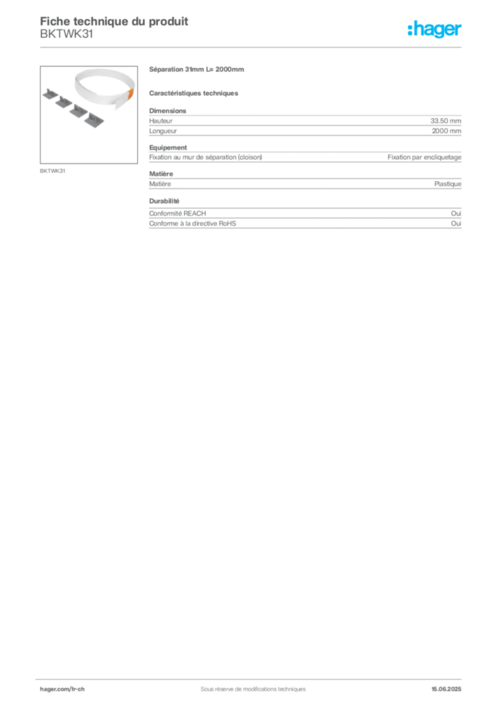 Image Hager Fiche technique du produit BKTWK31 | Hager Suisse