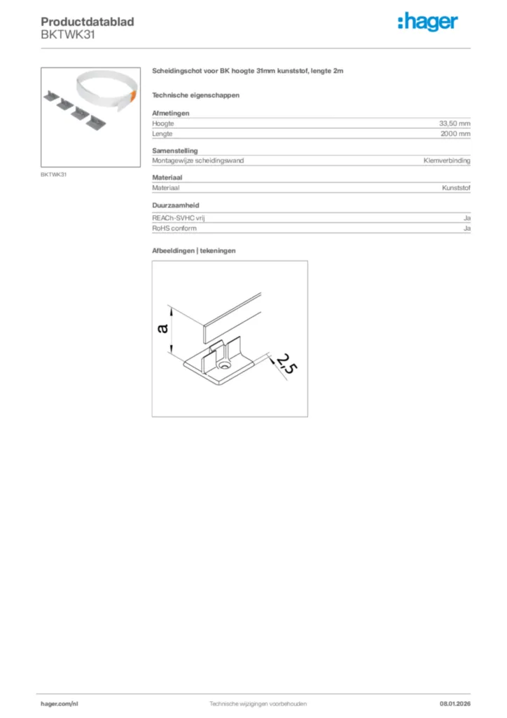 Afbeelding Hager Productdatablad BKTWK31 | Hager Nederland