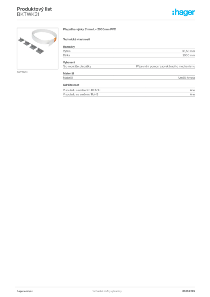 Obrázek Hager Produktový list BKTWK31 | Hager