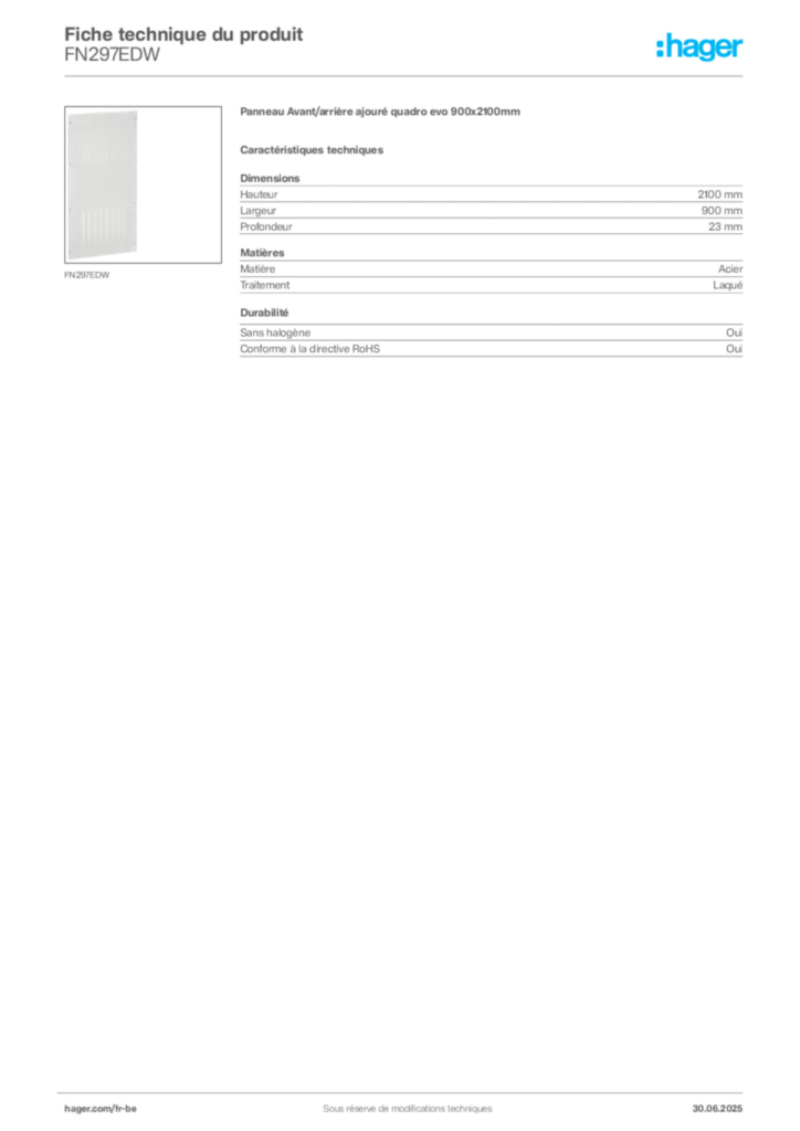 Image Hager Fiche technique du produit FN297EDW | Hager Belgique