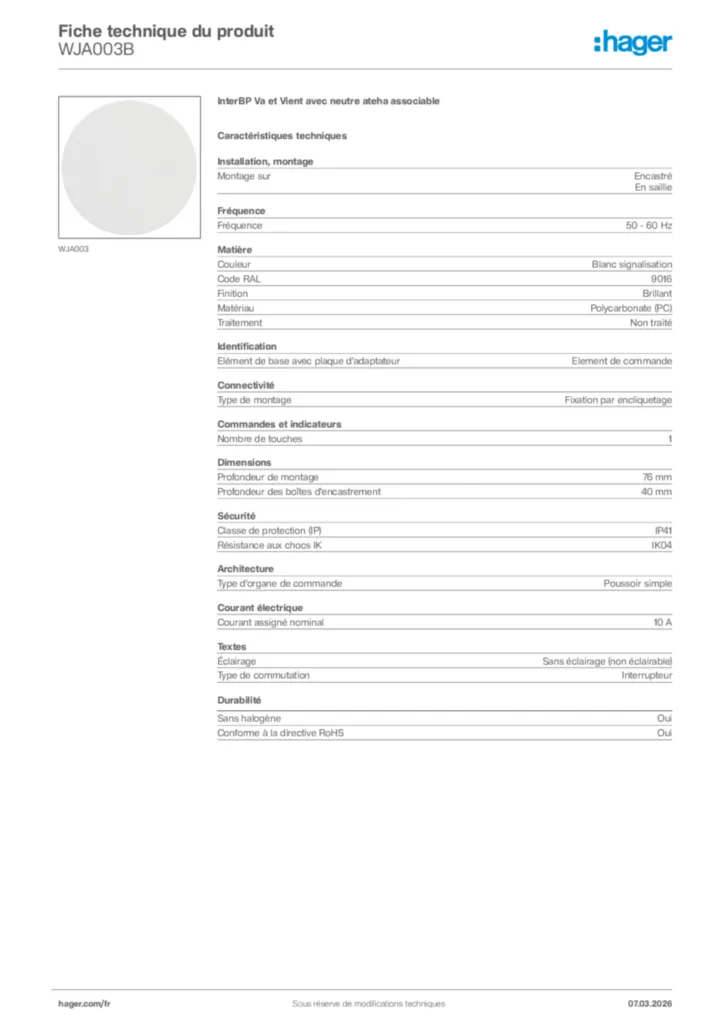 Image Hager Fiche technique du produit WJA003B | Hager France