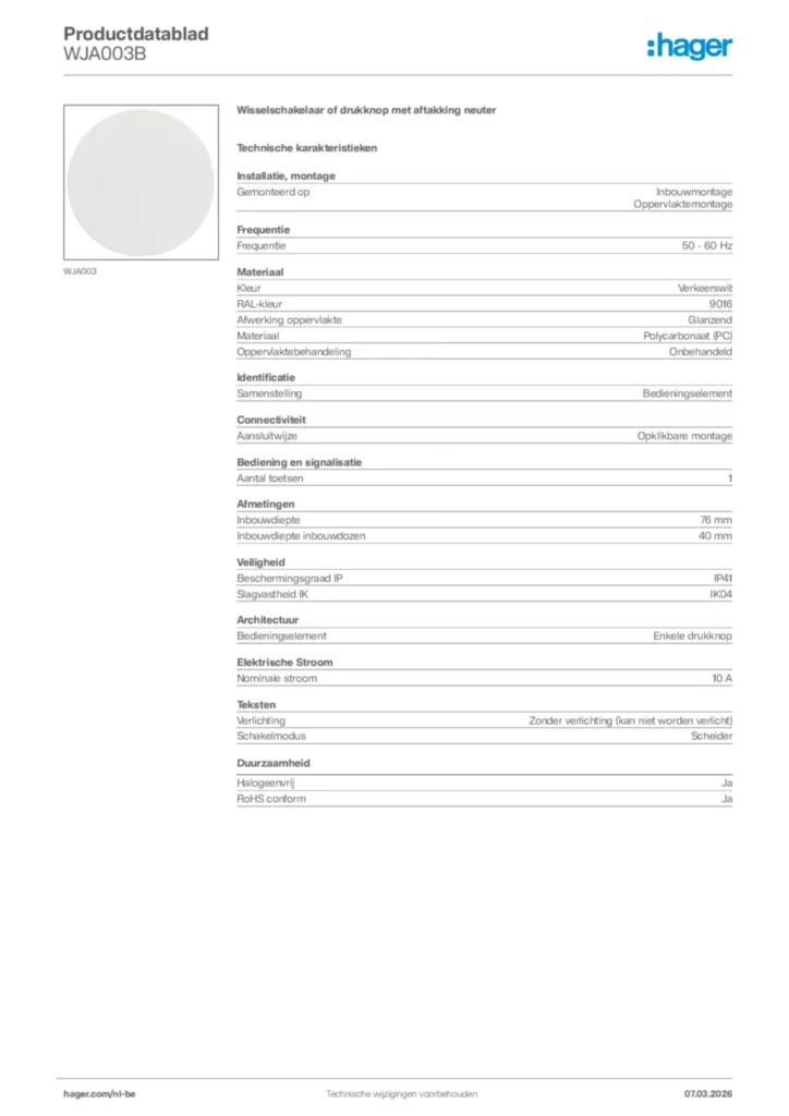 Afbeelding Hager Productdatablad WJA003B | Hager Belgium