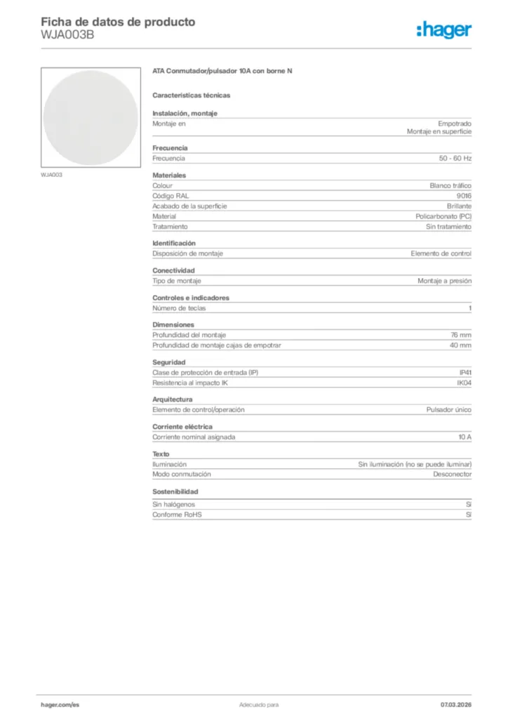 Imagen Hager Ficha de datos de producto WJA003B | Hager España