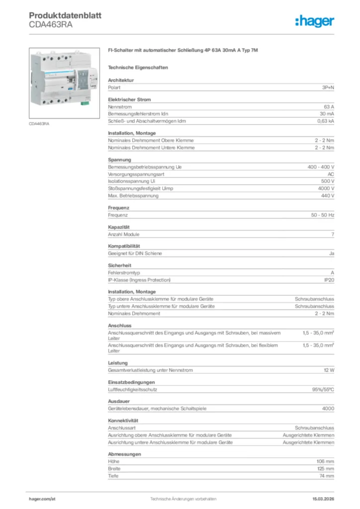 Bild Hager Produktdatenblatt CDA463RA | Hager Deutschland