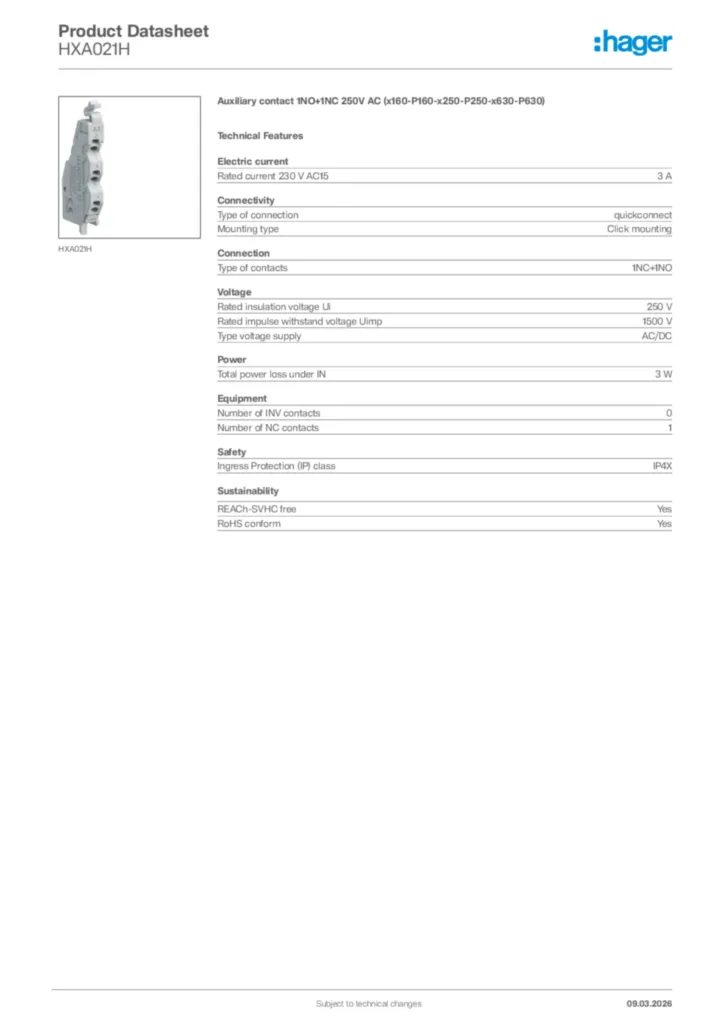 Image Hager Product data sheet HXA021H  | Hager Africa