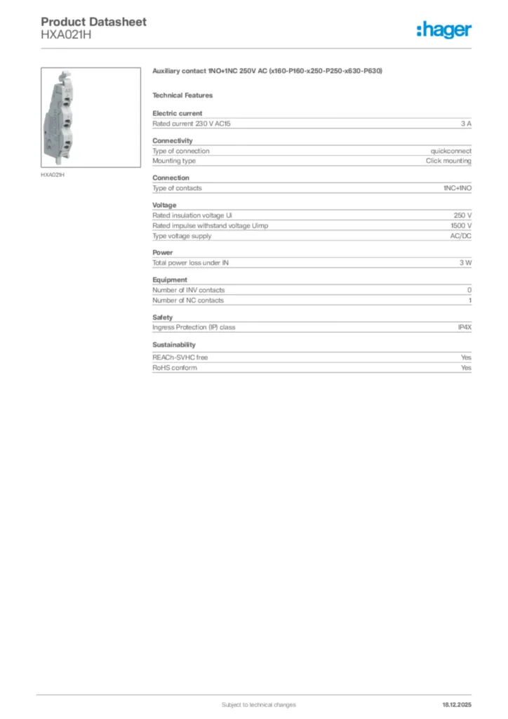 Image Hager Product data sheet HXA021H  | Hager Africa