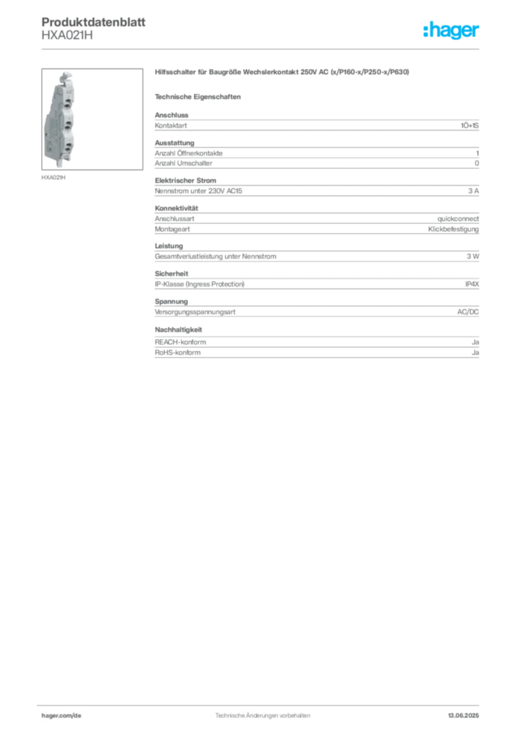 Hager Produktdatenblatt HXA021H
