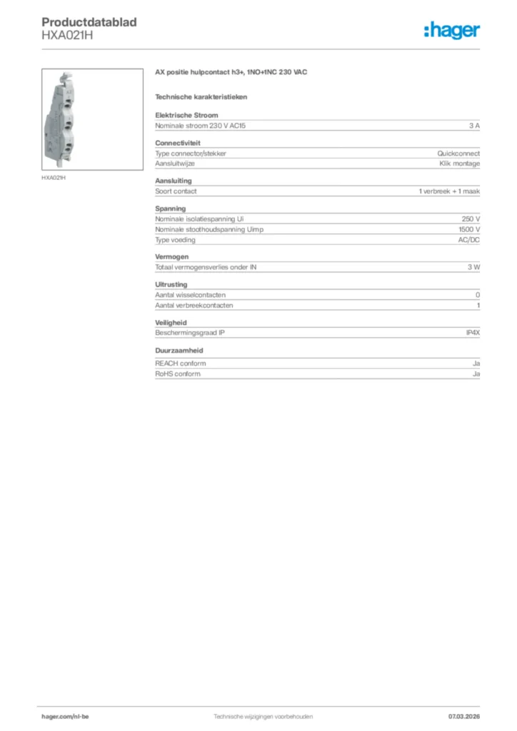 Afbeelding Hager Productdatablad HXA021H | Hager Belgium