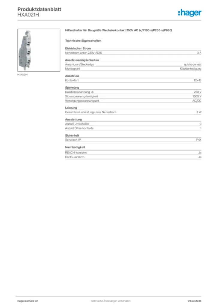 Bild Hager Produktdatenblatt HXA021H | Hager Schweiz
