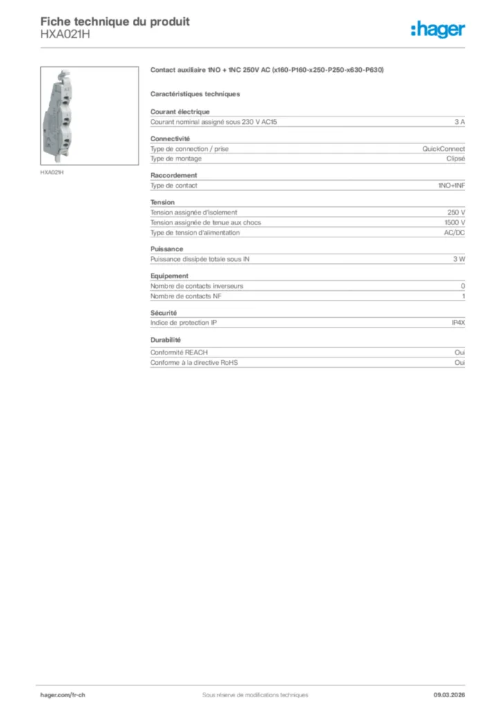 Image Hager Fiche technique du produit HXA021H | Hager Suisse