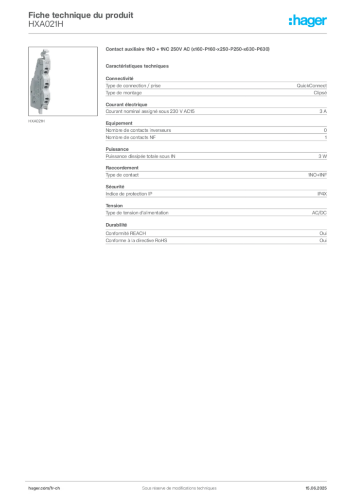 Image Hager Fiche technique du produit HXA021H | Hager Suisse