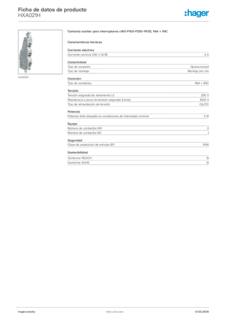 Imagen Hager Ficha de datos de producto HXA021H | Hager España