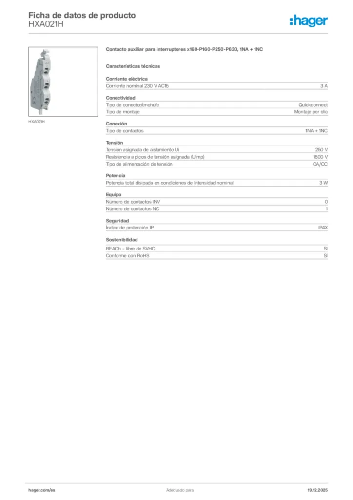Imagen Hager Ficha de datos de producto HXA021H | Hager España