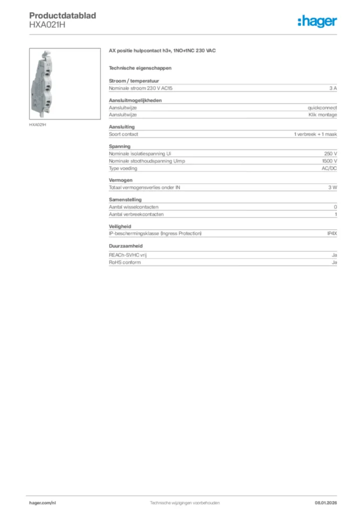 Afbeelding Hager Productdatablad HXA021H | Hager Nederland