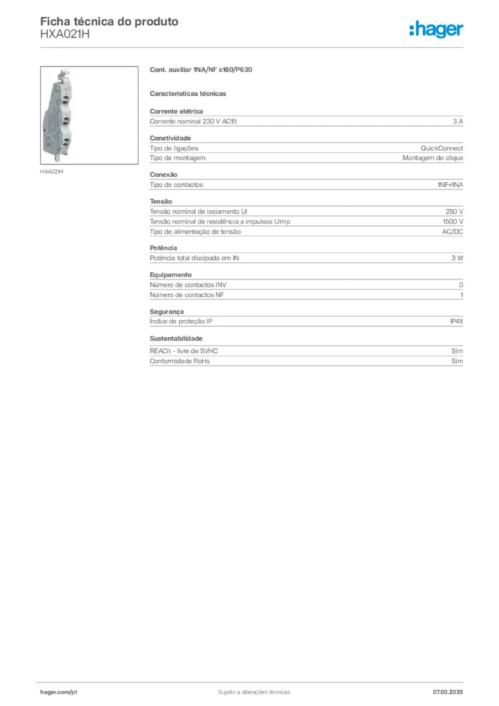 Imagem Hager Ficha técnica do produto HXA021H | Hager Portugal