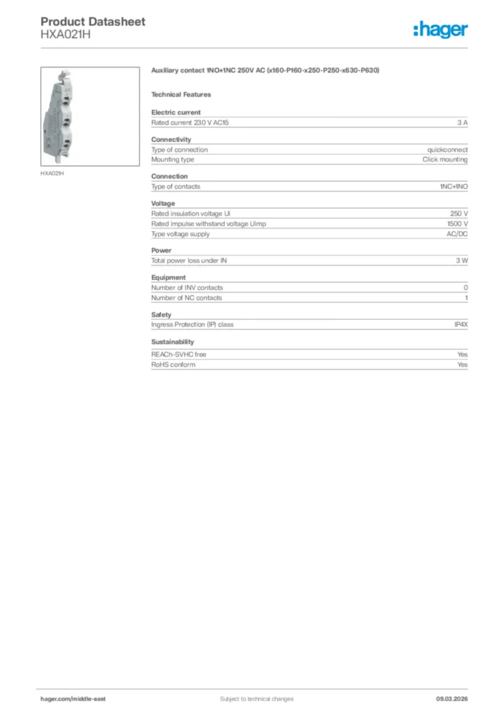 Image Hager Product data sheet HXA021H  | Hager