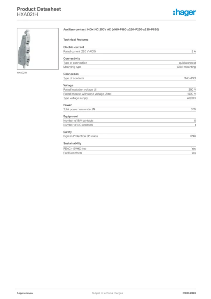 Image Hager Product data sheet HXA021H  | Hager Australia
