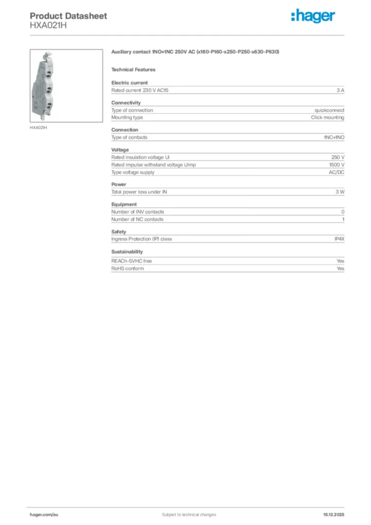 Image Hager Product data sheet HXA021H  | Hager Australia