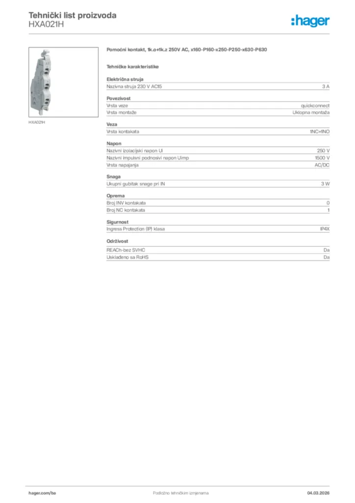 Slika Hager Tehnički list proizvoda HXA021H  | Hager