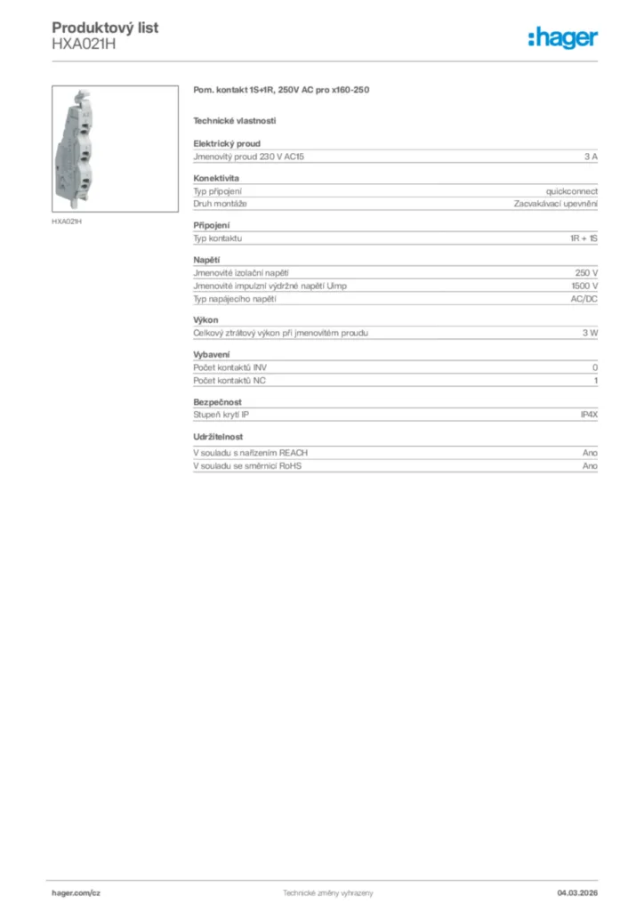 Obrázek Hager Product data sheet HXA021H | Hager