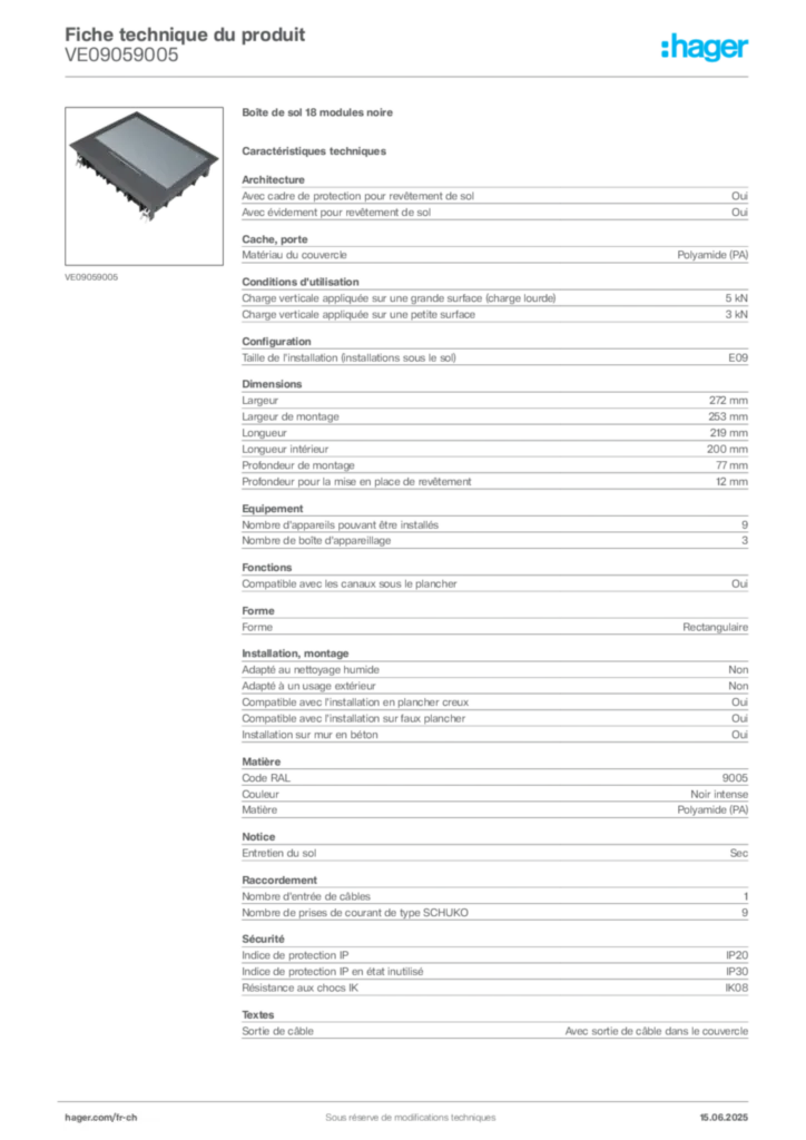 Image Hager Fiche technique du produit VE09059005 | Hager Suisse
