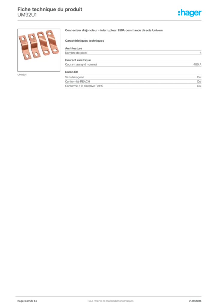 Image Hager Fiche technique du produit UM92U1 | Hager Belgique