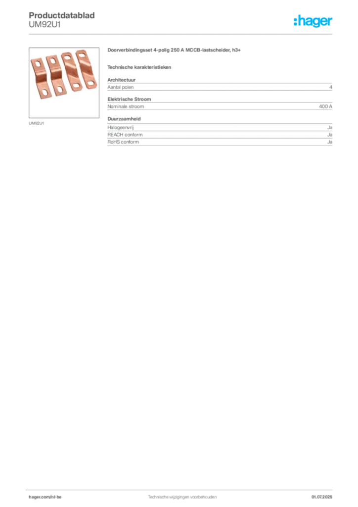 Afbeelding Hager Productdatablad UM92U1 | Hager Belgium