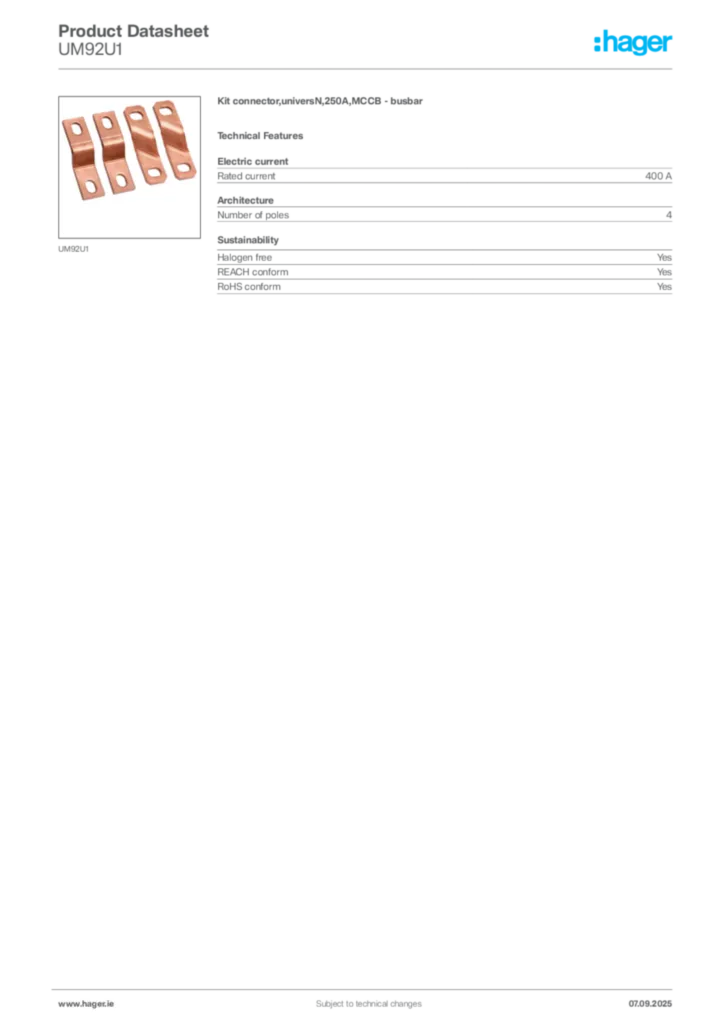 Image Hager Product data sheet UM92U1  | Hager