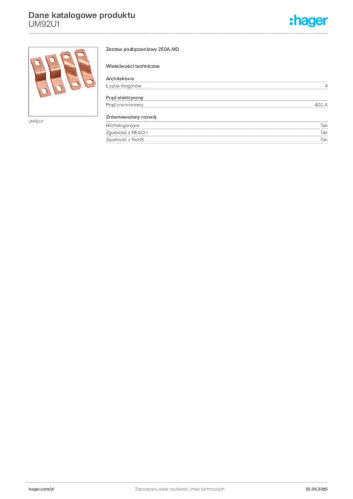 Zdjęcie Hager Karta katalogowa UM92U1 | Hager Polska