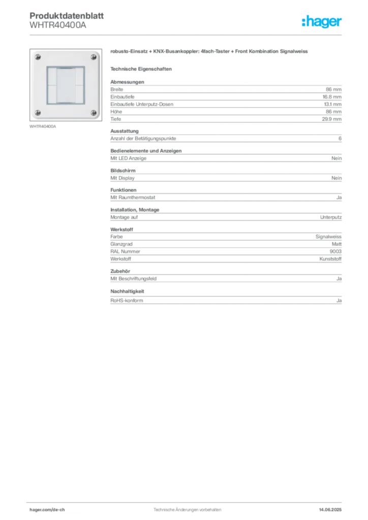 Bild Hager Produktdatenblatt WHTR40400A | Hager Schweiz