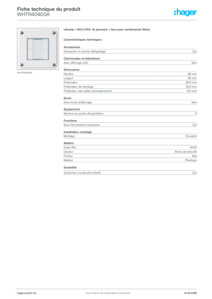 Image Hager Fiche technique du produit WHTR40400A | Hager Suisse