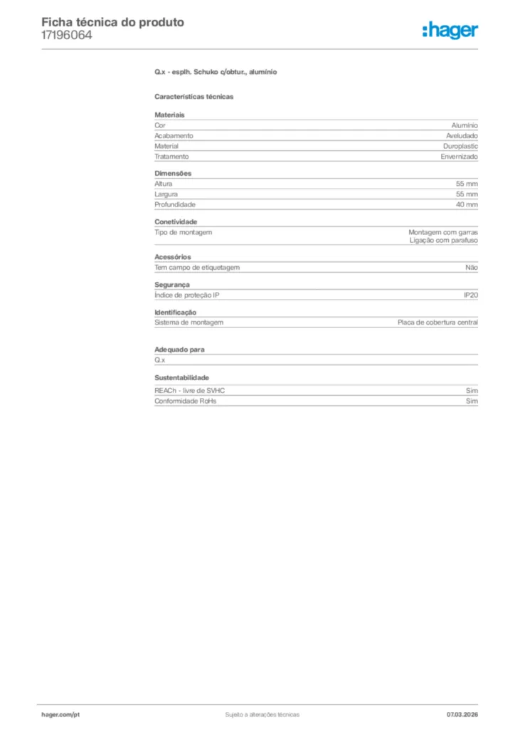 Imagem Hager Ficha técnica do produto 17196064 | Hager Portugal