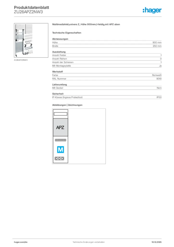 Bild Hager Produktdatenblatt ZU26APZ2NW3 | Hager Deutschland