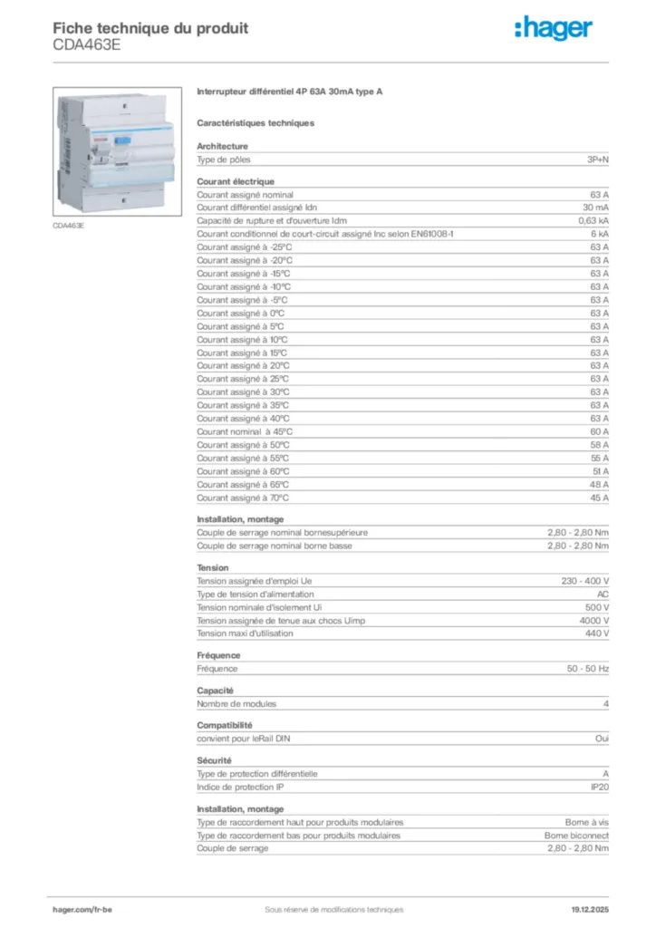 Image Hager Fiche technique du produit CDA463E | Hager Belgique