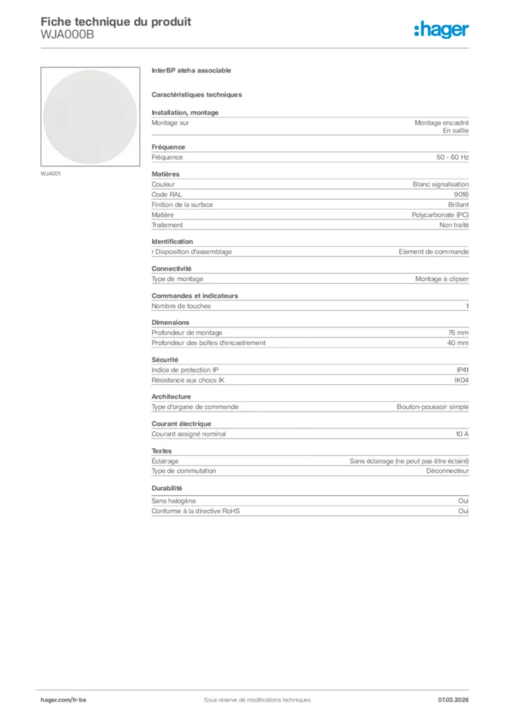 Image Hager Fiche technique du produit WJA000B | Hager Belgique