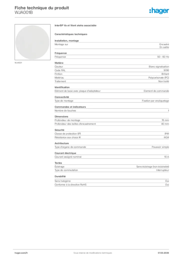 Image Hager Fiche technique du produit WJA001B | Hager France