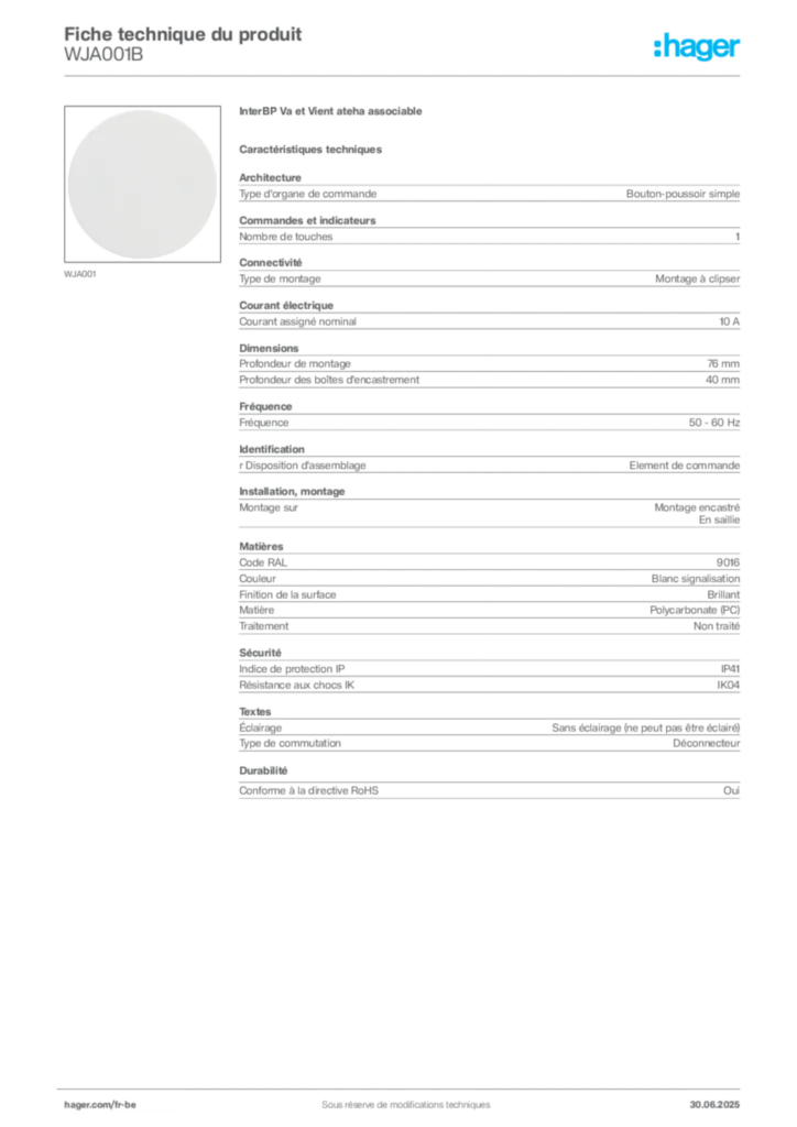 Image Hager Fiche technique du produit WJA001B | Hager Belgique