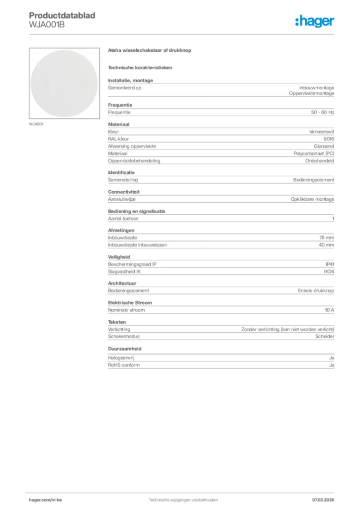 Afbeelding Hager Productdatablad WJA001B | Hager Belgium