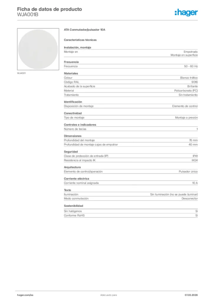Imagen Hager Ficha de datos de producto WJA001B | Hager España
