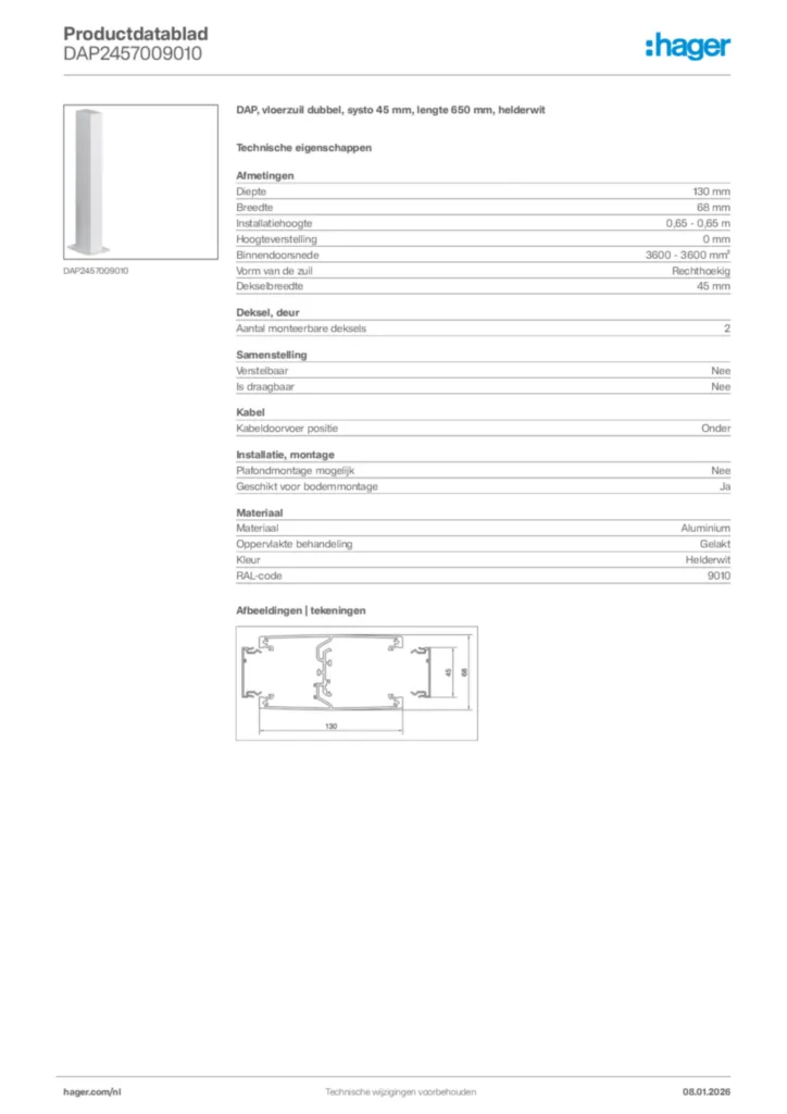 Afbeelding Hager Productdatablad DAP2457009010 | Hager Nederland