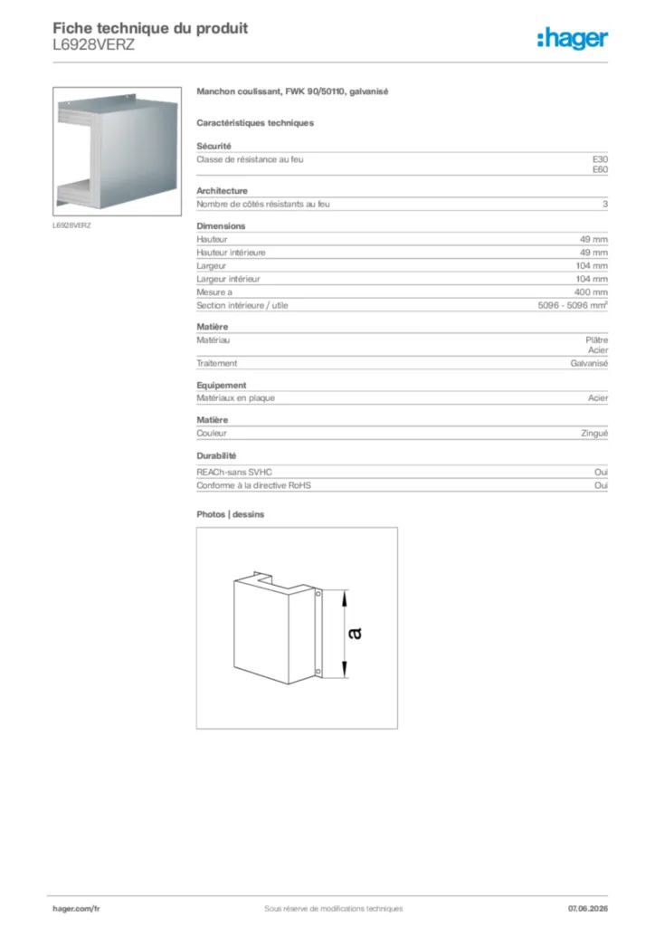 Image Hager Fiche technique du produit L6928VERZ | Hager France