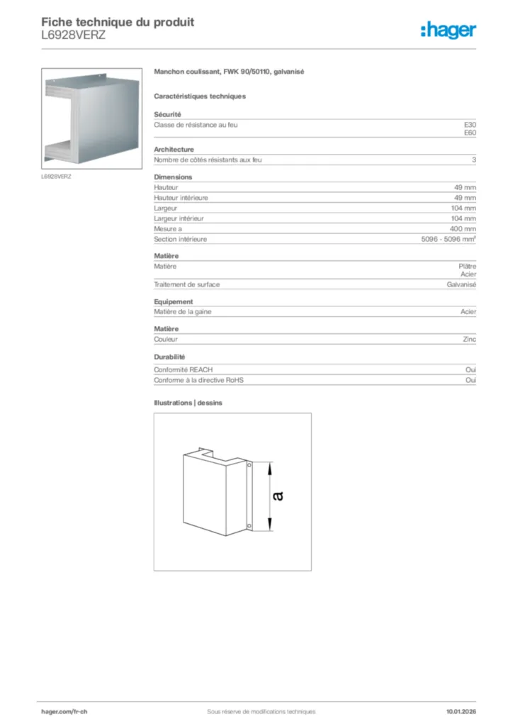 Image Hager Fiche technique du produit L6928VERZ | Hager Suisse