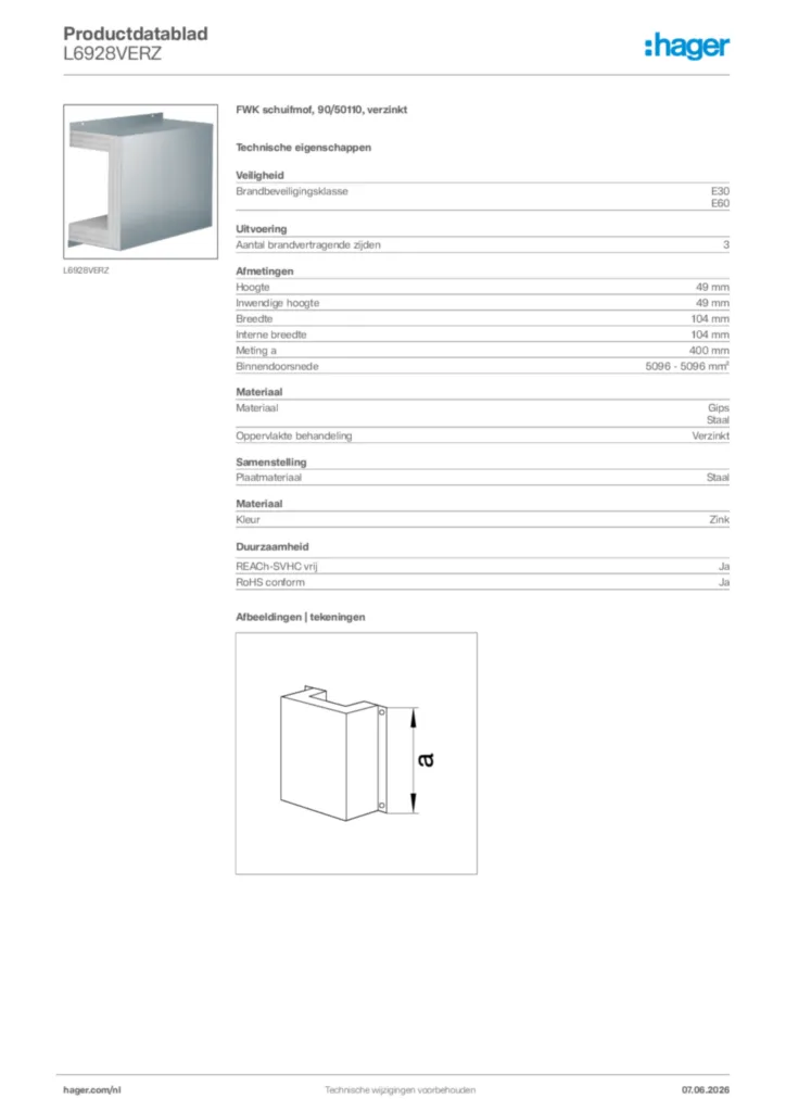 Afbeelding Hager Productdatablad L6928VERZ | Hager Nederland