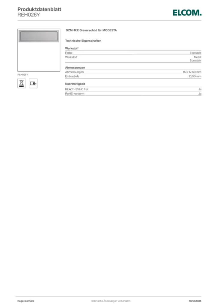 Bild Elcom Produktdatenblatt REH026Y | Hager Deutschland