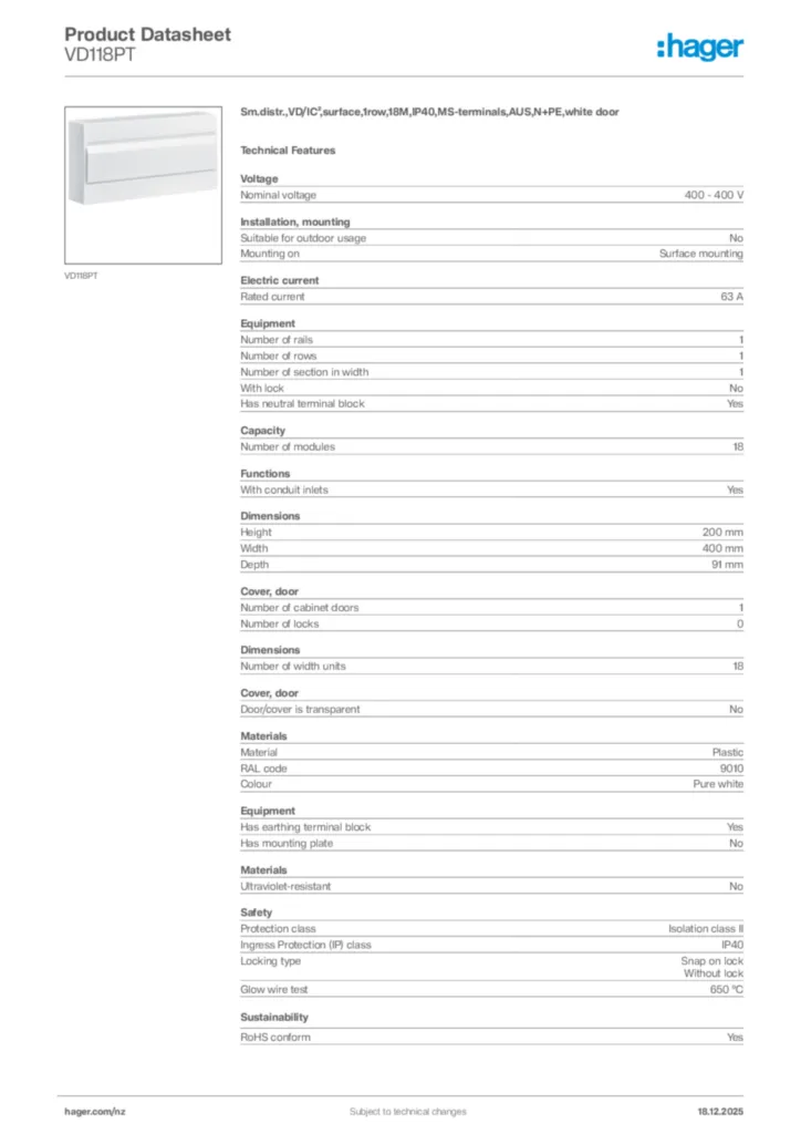 Image Hager Product data sheet VD118PT  | Hager New Zealand