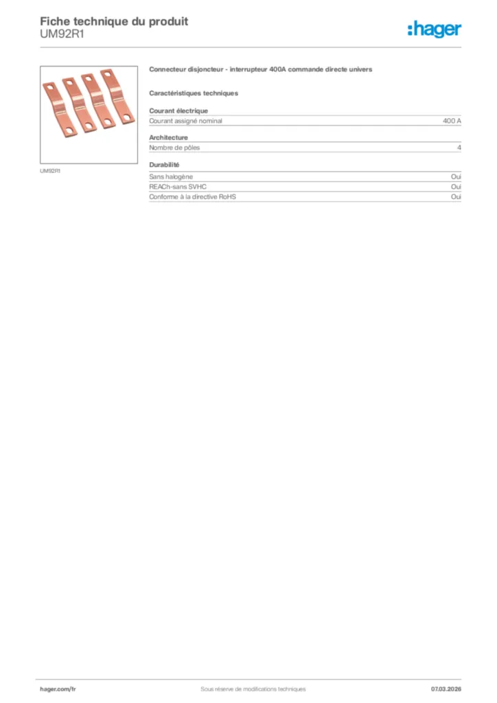 Image Hager Fiche technique du produit UM92R1 | Hager France
