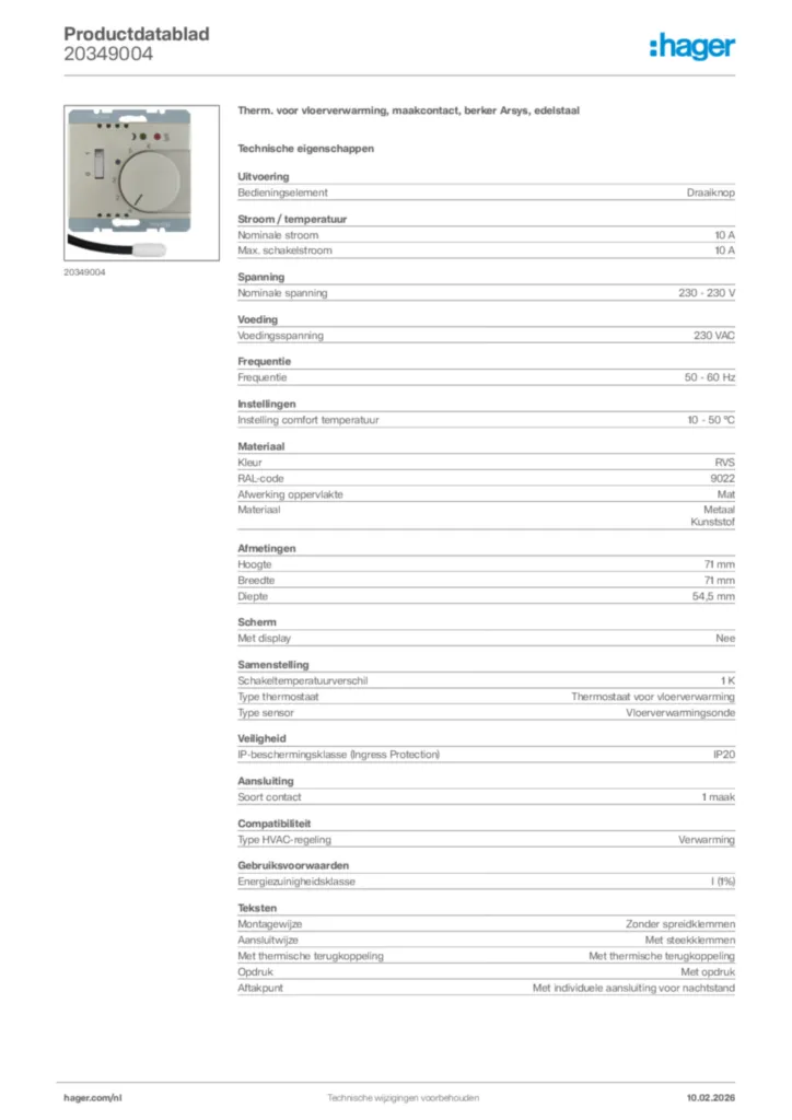 Afbeelding Hager Productdatablad 20349004 | Hager Nederland