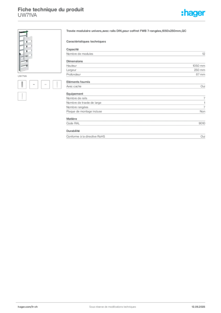 Image Hager Fiche technique du produit UW71VA | Hager Suisse